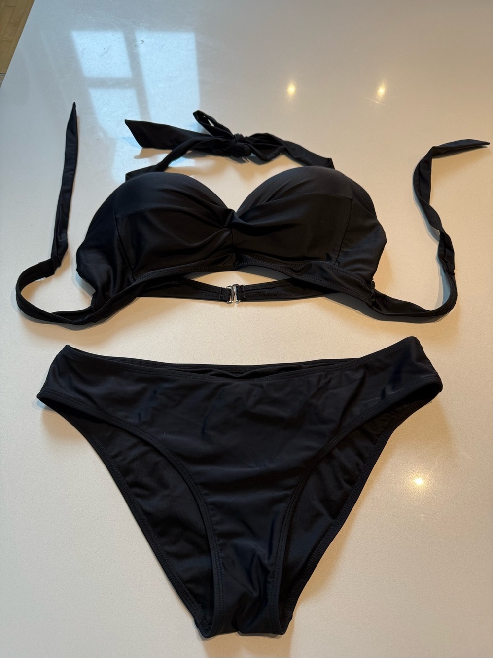 Twist Front Padded Push Up Bikini with Clip and Tie Backs, High Cut, Black